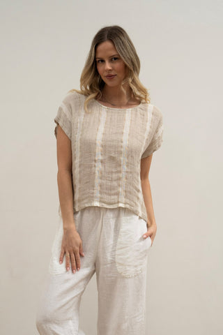 RUSTIC linen Carina Box Top Natural White w Gold Strand