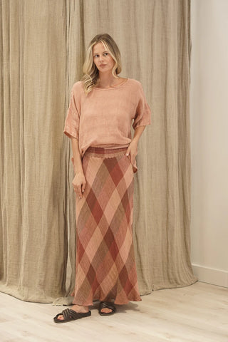 Rustic Linen Sottana Bias Cut Linen Skirt Cameo Brown Check | Style SOT305