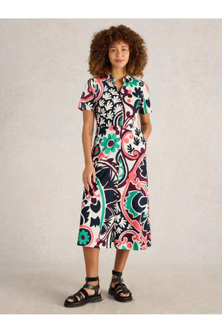White Stuff Womens Rua Jersey Shirt Dress in BLK_MLT Art WS443078